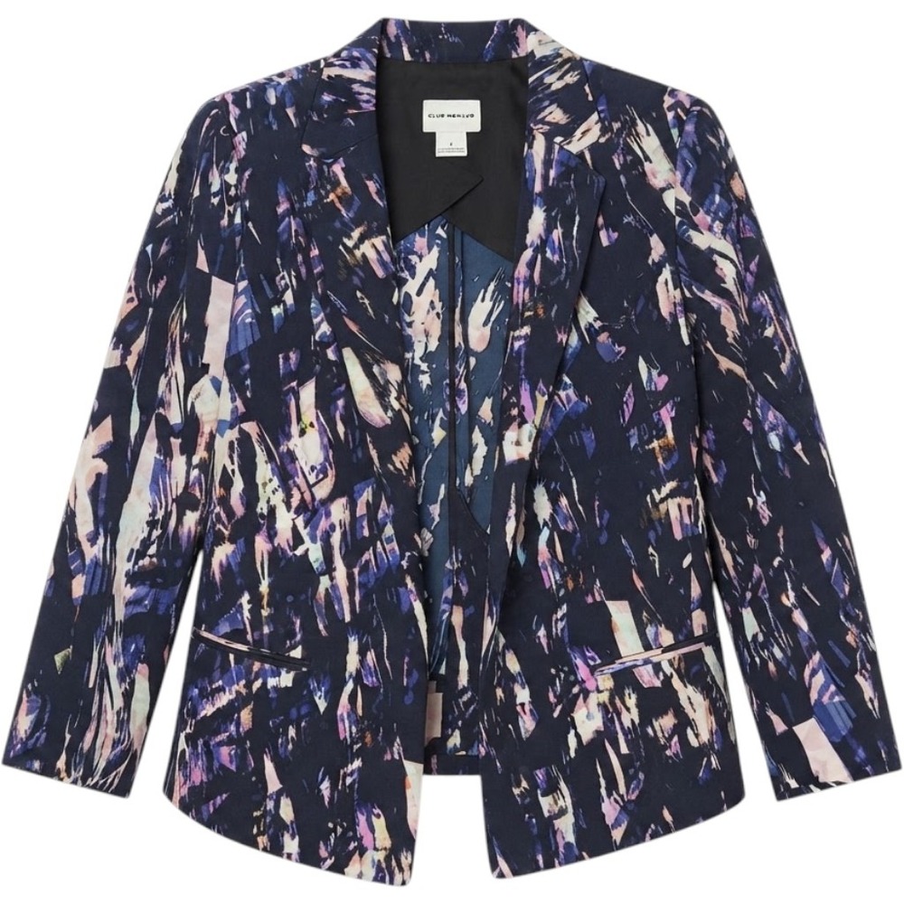 Club Monaco Women Navy Abstract Brushstroke Blazer Jacket Sz 6 Artsy Officewear
